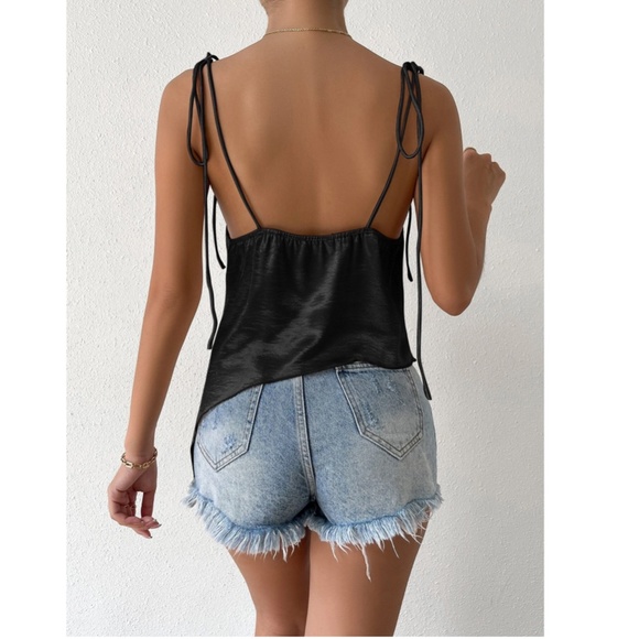 Black Glamorous Cowl Neck Ties Straps Camisole Top Satin - Picture 2 of 10